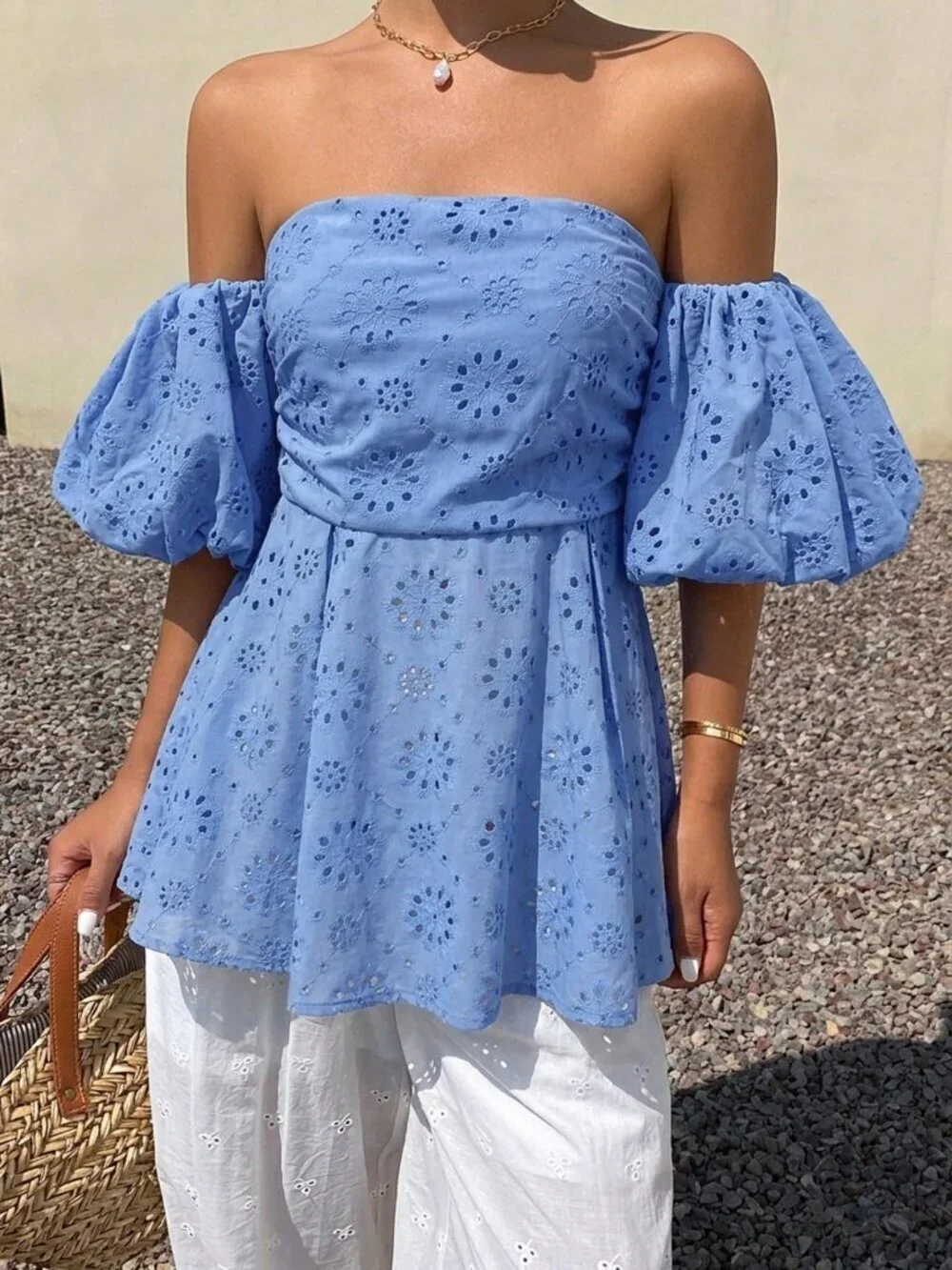 Blue Boho Women's Off Shoulder embroidered blouse